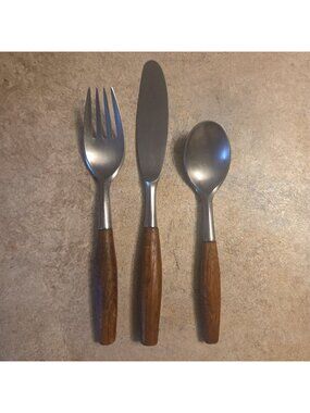 AS IS Vintage DANSK 3 Pc Fjord Teak Wood Stainless Flatware Set Germany MCM 70s